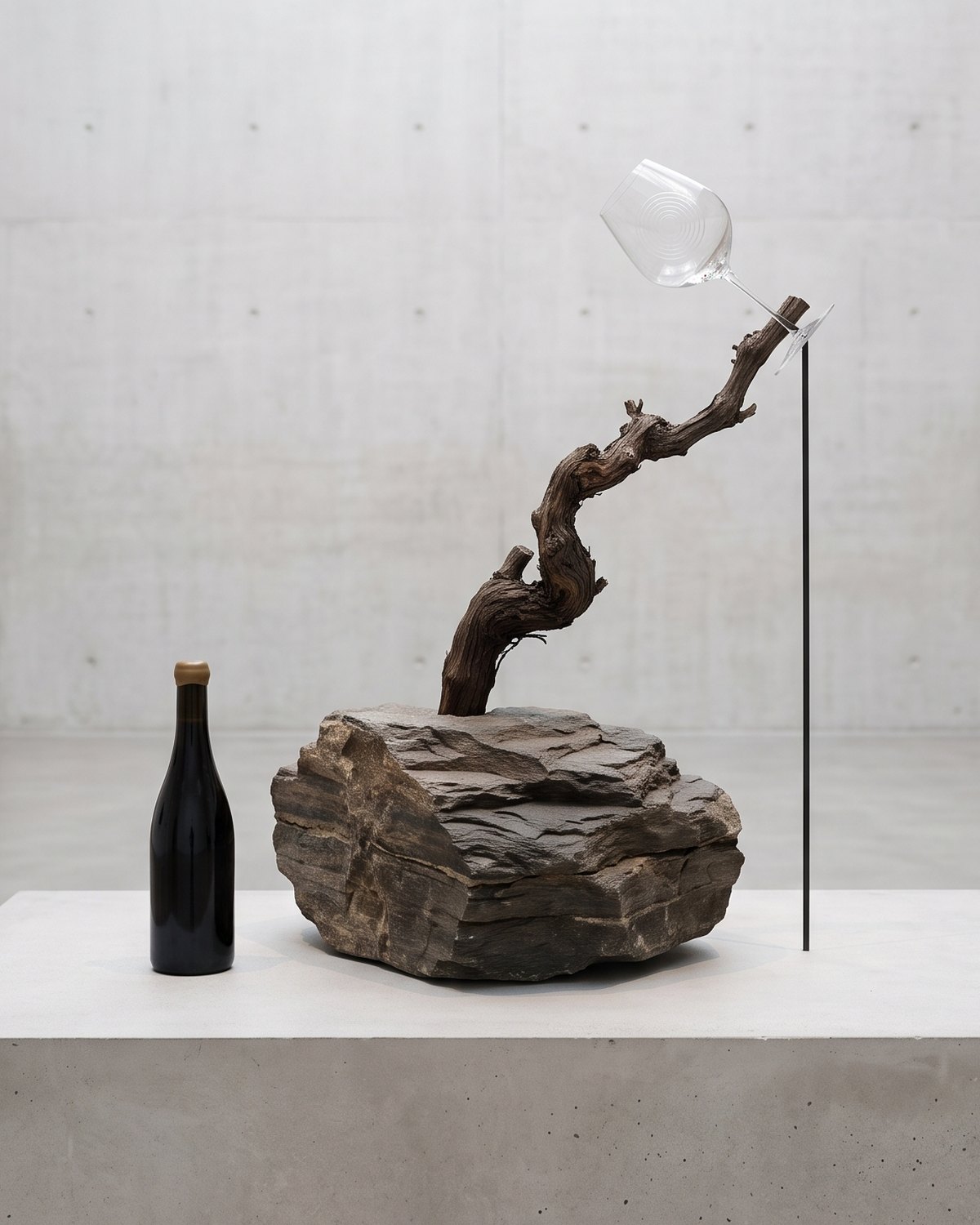 Installation dans une galerie de béton clair : un vieux cep de vigne jaillit d’un bloc de schiste et tend un verre vide, à côté d’une bouteille sombre