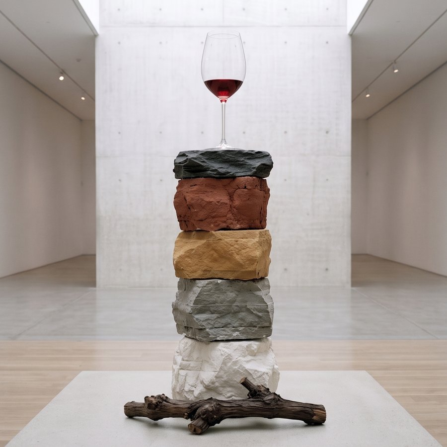 Une colonne de roches empilées — calcaire, grès, argile, schiste — surmontée d’un verre de vin rouge