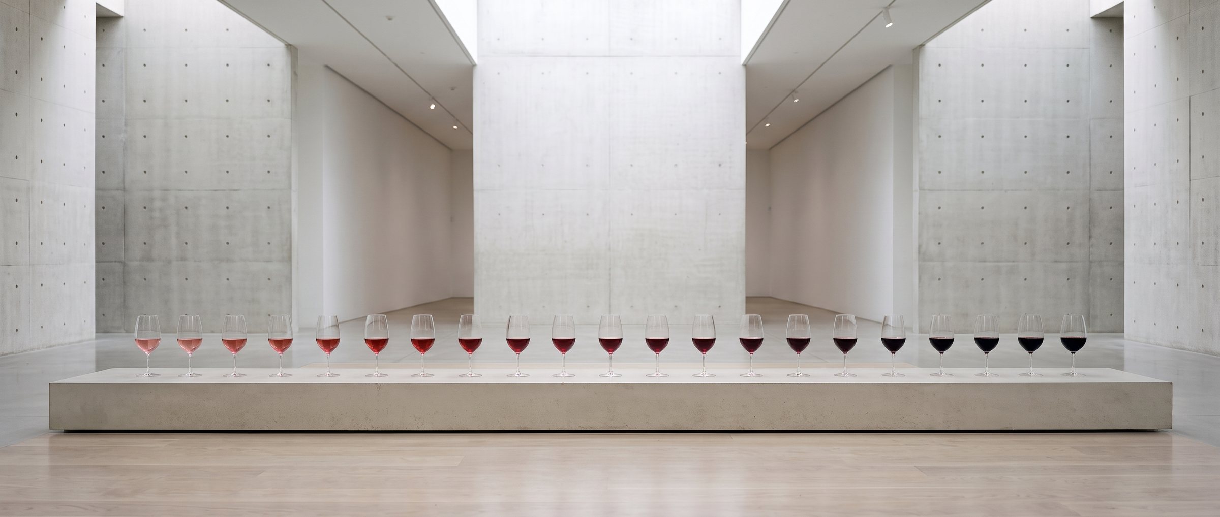 Installation « La gamme » : une longue rangée de verres à pied sur un socle de béton, du rosé pâle au rouge presque noir