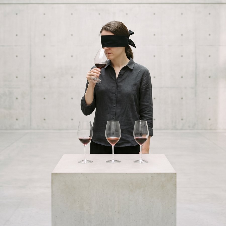Une dégustatrice aux yeux bandés hume un verre de vin rouge, trois verres alignés devant elle sur un socle de béton